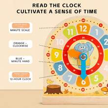 一套小象时钟教学工具木制数字时钟教学工具时钟模型幼儿园拼图儿童理解学习时间玩具儿童认识时间教学工具培养儿童时间配对问答卡亲子互动 - 彩色 - 查看 3