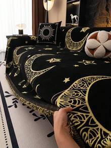 1pc Bohemian Style Sofa Throw Blanket, Star & Moon Pattern Ramadan Holiday Decor Sofa Cover, Pet Proof Sofa Protector, Machine Washable Home Decor For L-Shaped Sectional, Loveseat, Couch (Sold Separately), Holiday Decoration - Black - View 1