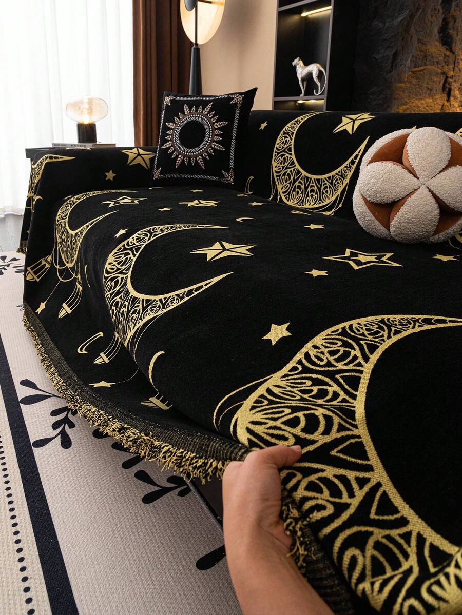 1pc Bohemian Style Sofa Throw Blanket, Star & Moon Pattern Ramadan Holiday Decor Sofa Cover, Pet Proof Sofa Protector, Machine Washable Home Decor For L-Shaped Sectional, Loveseat, Couch (Sold Separately), Holiday Decoration - Black - View 1
