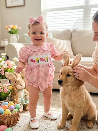 0-24M Newborn Infant Baby Girls Easter Rompers Cute Bunny Floral Embroidery Jumpsuits Plaid Print Smocked Bow Overalls Short Bubble Sleeve Doll Collar Pink Bodysuits With Pink Plaid Headbands 2 Pcs Outfits Baby Girl Summer Stylish Sets For Holiday Casual Daily Clothes