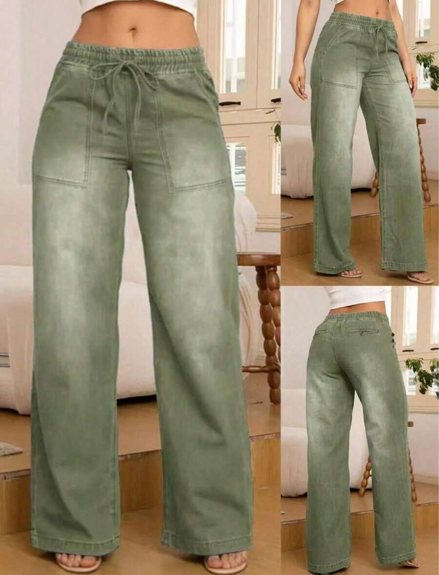 Women's Elastic Waist Loose Fashion Casual Denim Straight Jeans With Medium Stretch, Mid-Rise Design, With Pockets, Dark Blue, Featuring Drawstring Waist, Suitable For All-Season Wear, All-Season Jeans,Y2k Clothes,Holiday Outfits For Women,New Years Outfit Women,Womens Jeans,Ropa De Mujer,Christmas Outfit Women,Western Outfits For Women,Birthday Outfits For Women,Country Concert Outfit,Club Outfits For Women - Green - View 1