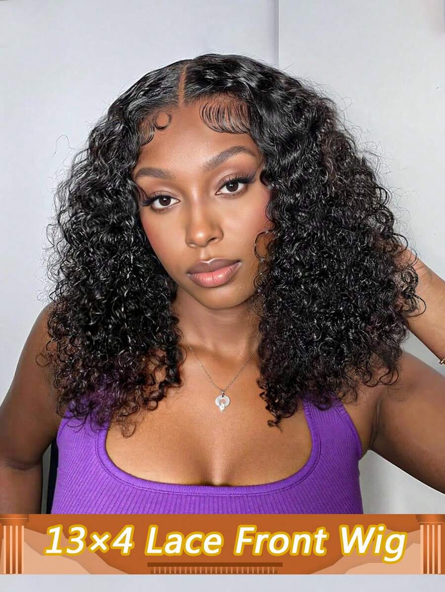 13x4 Lace Front Wig, Pre-Plucked With Baby Hair, Natural Hairline, Easy To Style, Brazilian Curly Human Hair, 200% Density, Natural Black