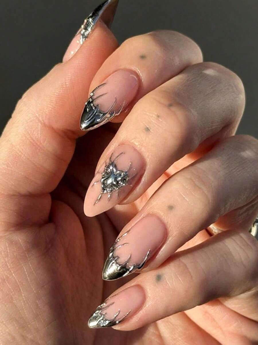 24片镀银3D金属法式美甲贴纸 - 中等长度，亮面，杏仁形，包含1瓶甲油胶和1把指甲锉，打造时尚美甲的完美之选