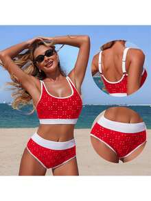 Ladies' Summer Beach Bikini Set, Combining Bright Contrasting Colors With Hollowed Out Embroidery. Skin Friendly Fabric, Soft And Comfortable Texture, Breathable And Quick Drying, Elastic. Suitable For Swimming, Surfing, Beach, Tropical, Honeymoon, Sports, Vacation, Pool Parties, Etc. - 紅色 - 查看 5