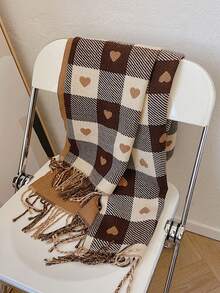 Elegante bufanda de poliéster a cuadros con forma de corazón, envolvente de cuello versátil y cálido para mujer, para primavera/otoño/invierno - Café integral - Ver 6