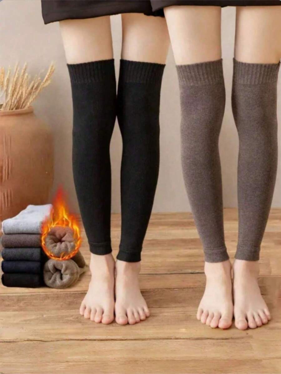 1 Pair/2 Pairs Women Autumn/Winter Thermal Lined Thicken Warm, Versatile Casual, Solid Color Soft Comfortable Over-The-Knee Leg Warmers, Sports Tight Leg Warmers - Multicolor - View 1