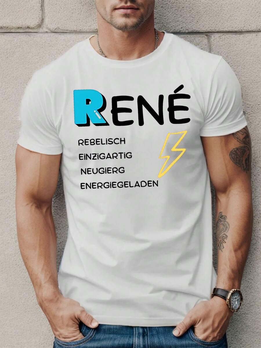 Camiseta Gráfica de Manga Corta para Hombre Fun German RENE - Diseño Audaz con Rayo y Letras RENE, Patrón Geométrico, Ajuste Regular Casual para Verano, Lavable a Máquina - Blanco - Ver 1