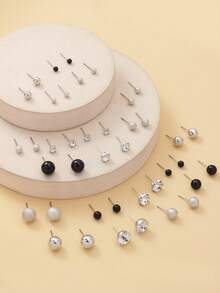 20pcs/Set Assorted Size Round Rhinestone Earrings Set, Suitable For Beach, Everyday Wear, Vacation, Holiday Gift For Women - Silver - View 2