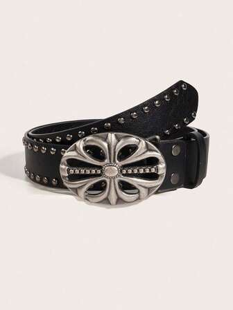 1条男士Y2K朋克风花卉交叉扣黑色S码腰带，百搭日常、休闲、商务场合皆宜，可作为送给男友、丈夫、父亲的礼物，也适合青少年、青年、男士，休闲、户外、运动、旅行、波西米亚风、复古秋季、万圣节秋冬配饰。