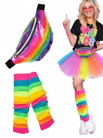 2Pcs Forever & Moment 1980s Women's Yoga Sports Costume Accessories, Fanny Pack, Leg Warmers - For 80s Retro Party Fitness Workouts Outdoor Activities Running Gear Daily Wear Gifts