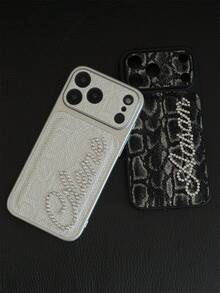 [Customized] Personalized Customized Letters Name Bling Glitter Rhinestone Snake Scale Pattern Faux Leather Phone Case Compatible With IPhone 17 Pro Max 17 16 15 14 13 Pro Max Shockproof Protective Cover - White - View 8