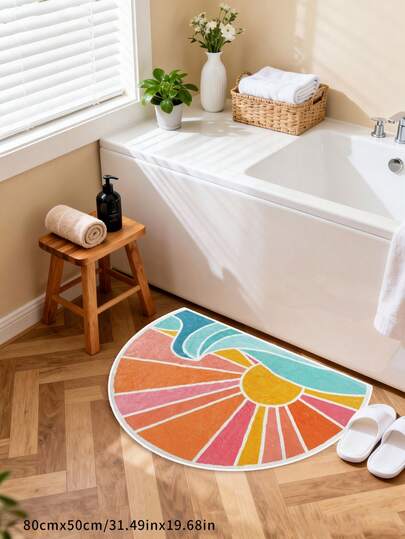 1pc Semicircle Colorful Sunlight & Wave Rug And Semicircle Fresh Blue Leaf Rug, Suitable For Bathroom Mat, Bath Rug, Doormat, Small Rug, Carpet, Floor Mat, Home Decor, Area Rug, Outdoor Mat, Bedroom Rug, Washable Carpet