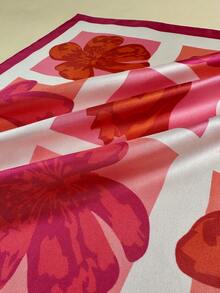 1件装女士花卉渐变印花围巾，优雅缎面领巾头巾发饰 - 玫紅色 - 查看 5