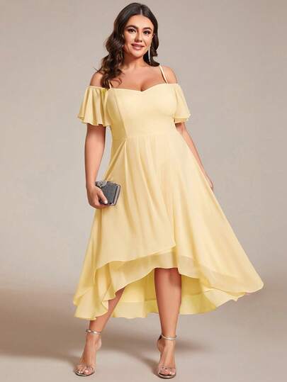 Plus Elegant Women's Midi Chiffon Bridesmaid Dress With Spaghetti Straps And Off Shoulder Ruffles Short Sleeves Perfect For Weddings And Formal Occasions