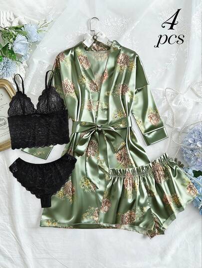 5件套性感女士内衣套装新品上市：缎面长袖睡袍、三角杯蕾丝吊带背心、三角剪裁纯色半透明内裤、印花平角短裤和缎面腰带，宽松舒适睡衣套装