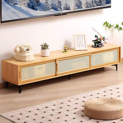 LIVINGANDHOME Living And Home Lifeideas TV Stand Wooden Sliding Doors Natural Wood 3 Compartments Black Legs For Living Room Home Holiday