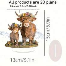 1件波西米亚风格亚克力高地牛摆件，饰以花卉图案 - 2D平面印刷桌面摆件，无需电源，适用于家居、橱窗展示和节日装饰 - 完美礼品之选，奶牛图案房间装饰，精致花卉细节，2D平面设计