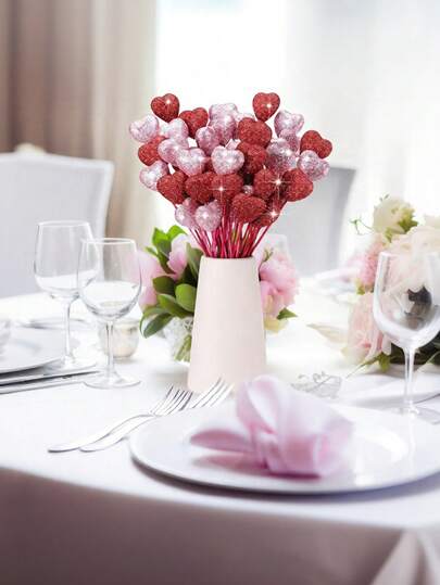 6 st/20 st hjärtformade konstgjorda blommor, konstgjorda blommor för alla hjärtans dag, glittrande hjärtan, perfekt för vardagsrum, sovrum, lägenhet och hotelldekor, bordsdekoration, lämplig för bröllop, dejter, alla hjärtans dag, årsdagar, förlovningar, mors dag-festpresenter.