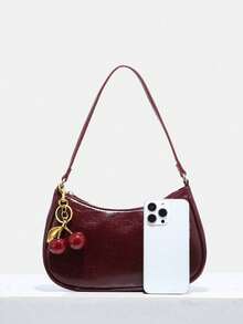 Novachic, Women's Fall Outfits, Floral Patterned Fabric, Cute Pendant Decor, Cherry Pendant, Women's Minimalist Shoulder Bag, Zipper Closure, Retro Style, Underarm Bag, Suitable For Multiple Occasions, Small Bags - 酒紅色 - 查看 6