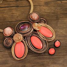 Exaggerated Multi-Layer Handmade Heavy Aluminum Wire Woven Resin Chain Bohemian European And American Middle Eastern European Korean Version Evening Party Holiday Women's Fashion Beautiful Retro Teardrop Necklace Earrings - Coral Red - View 3