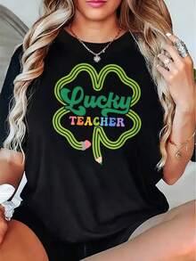 Lucky Teacher Shamrock T Shirt St Patrick Day Gift For Teachers Fun Print Cotton Tee Women Casual TopParty Dress Up 220g - 黑色 - 查看 4