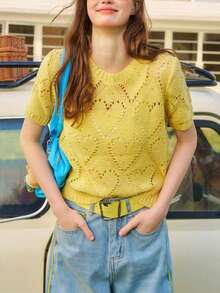 心形镂空针织女式衬衫，时尚独特短袖上衣，百搭（随机波点印花）夏季 - 黃色 - 查看 2