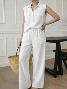 A&DD MODA, REF: AS1923 - Women's Set Consisting Of A Sleeveless Blouse And Pants. The Blouse Has A High V-Neck And Pockets; The Pants Have A Straight Cut, Elastic Waistband And Pockets, Ideal For Everyday Wear, With A Very Casual Style. - 白色 - 查看 5