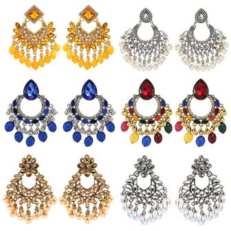 FANYINAN Colgante de mujer estilo bohemio de aleación de zinc chapado en oro de 18k con cuentas, pendientes de perlas falsas de ágata con rhinestones, esmalte de colores, estilo retro del sudeste asiático, lujoso, para usar en la playa, de diario o de fiesta