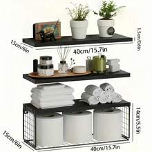 1set Rustic Solid Pine Wood Floating Shelf Set With Toilet Paper Basket, Wall Mounted Bathroom Organizer