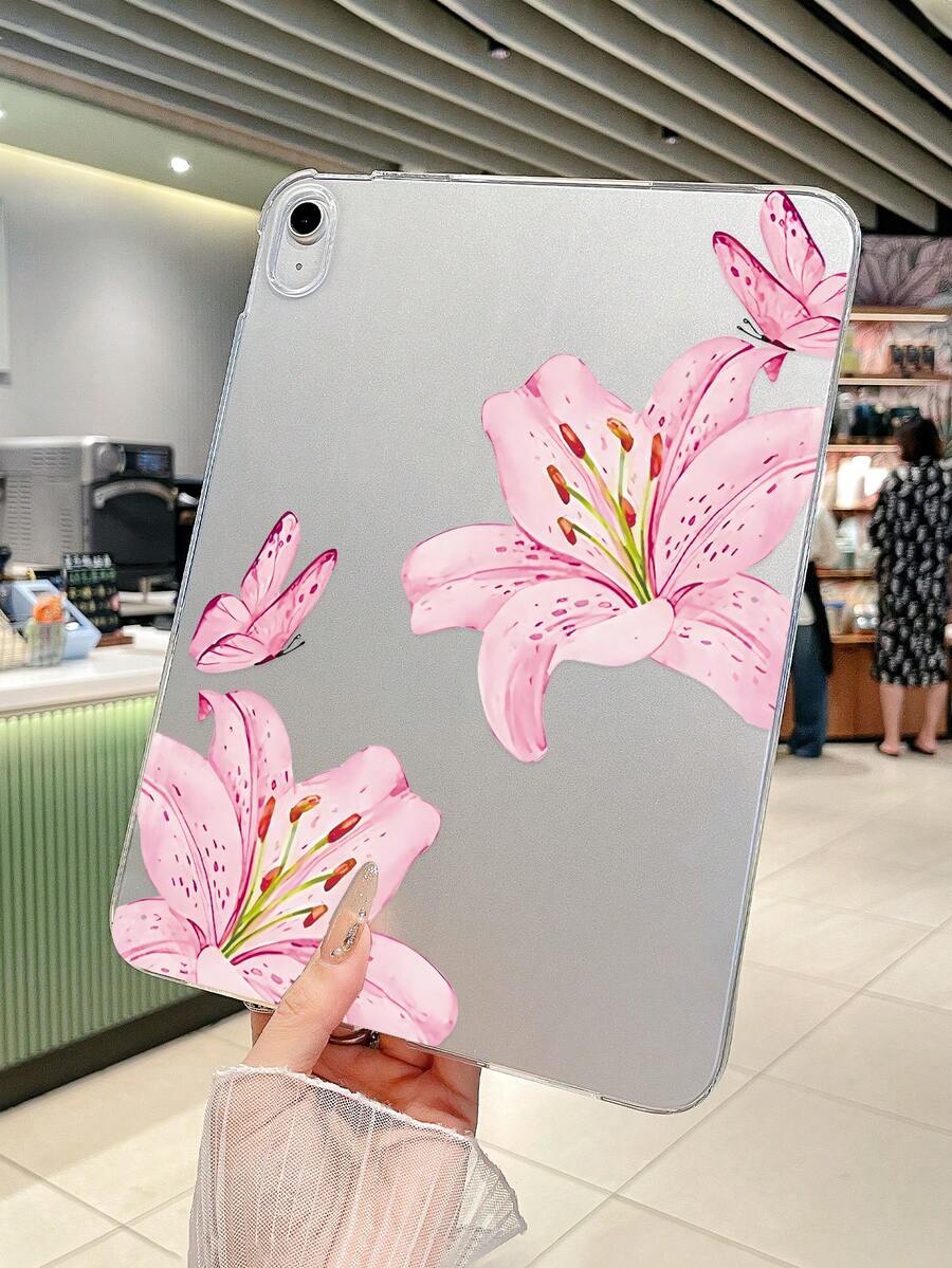 Valentine Pink Lily & Butterfly Watercolor IPad Case, Clear Transparent Soft TPU Protective Cover, Floral Aesthetic Tablet Shell, Compatible With IPad Case, Perfect For Mother's Day/Valentine's Day Gifts, Daily Study/Work Accessory, Quick Ship, Compatible With Ipad A16,Compatible With Ipad Air 11inch Case,Compatible With Ipad Case 11th Generation - Clear - View 1