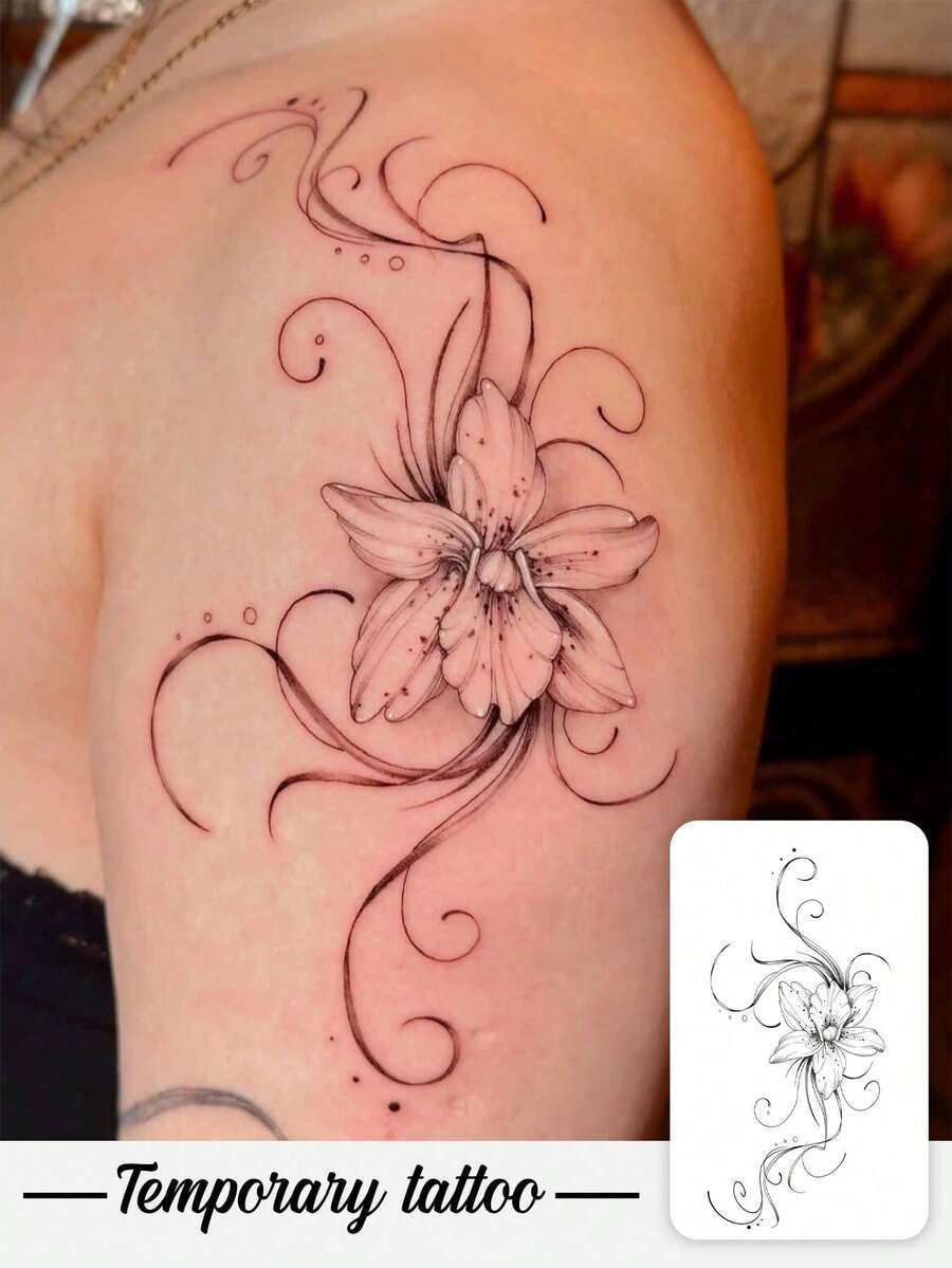 1张情人节临时纹身贴纸，Y2K风格百合花图案，防水防汗可水洗不反光仿纹身，适合手臂和肩膀，时尚，可持续3-5天 - 黑色 - 查看 1