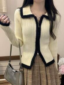 ニットカーディガン ふわふわ 秋冬 レディース セーターコート ショート丈 ターンダウンカラー 長袖 ダブルジップ カラーブロック パッチワーク リブ編み レトロスタイル スリム ソフト 保温性 快適 カジュアル シンプル エレガント おしゃれ - アプリコット - チェックする 3