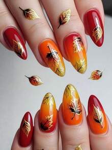 24pcs Orange Maple Leaf Pattern Nail Stickers, Almond Shaped Fake Nails, Press-On Nails, Nail Art Supplies, Y2K Style - Orange - View 8