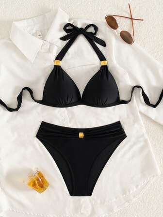 Tvådelad bikiniset för kvinnor, baddräkt, enfärgad svart, sexig push up-halsbandage, sommarstrandkläder