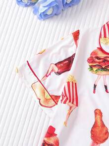 两件套白色底布面包、鸡腿、汉堡、爆米花、汽水拟人化食物印花女士睡衣套装，舒适短袖翻领纽扣衬衫搭配宽松弹力短裤，时尚百搭，适合户外、四季穿着及居家穿着。 - 白色 - 查看 3