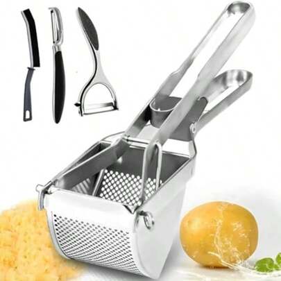 4pcs Stainless Steel Potato Ricer Masher With Silicone Handle | Multifunctional Fruit Vegetable Masher For Creamy Fluffy Mashed Potatoes, Includes Cleaning Brush And Peeler