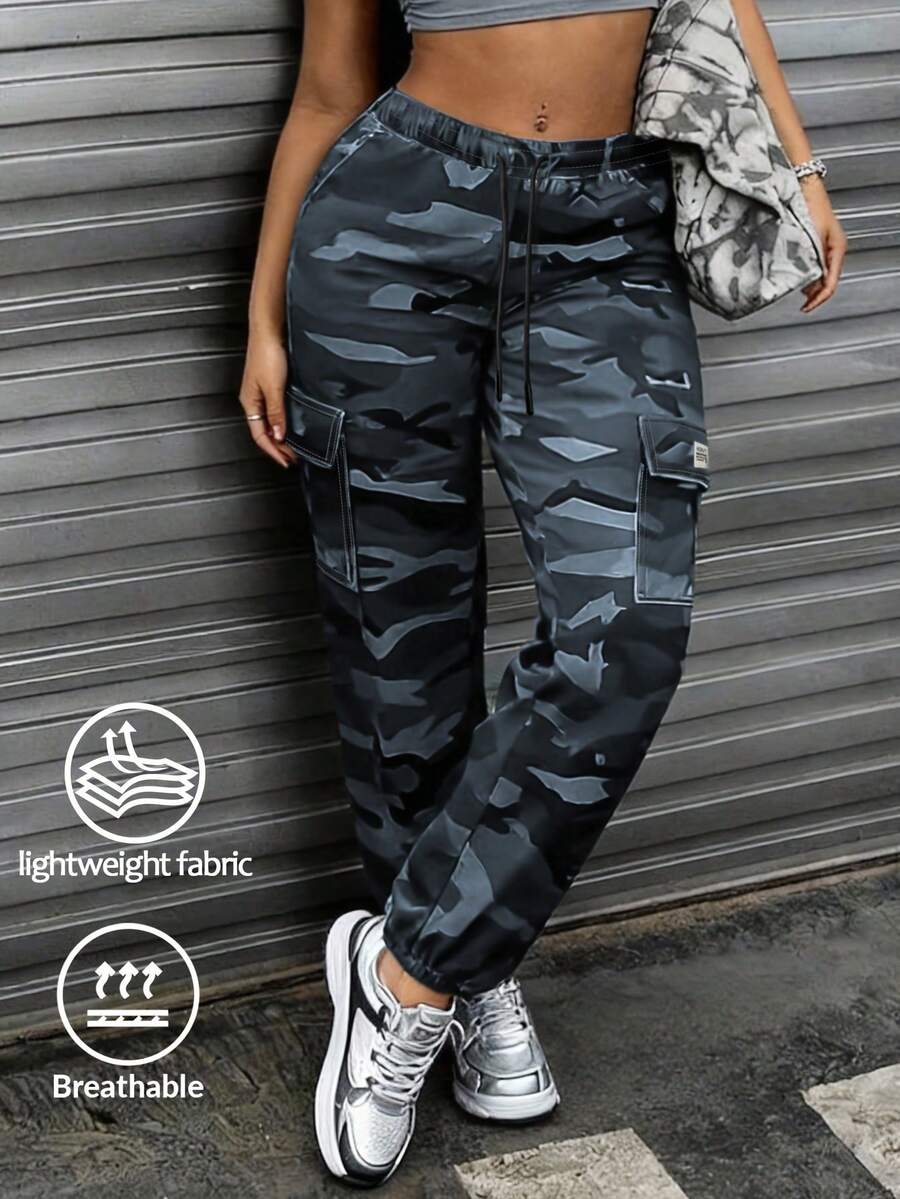 Hidkat Women's Workwear Camo Casual Pants Featuring Large Patch Pockets, Elastic Waistband With Drawstring, And Tapered Legs. Ideal For Everyday Outdoor Leisure Activities. - 灰藍迷彩 - 查看 1