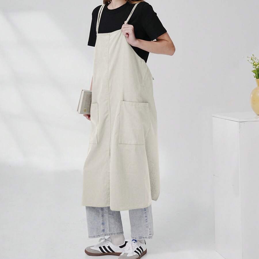 エプロン 肩掛け ポケットあり 2つ  大容量  男女兼用  おしゃれ  キッチン ダイニングルーム コーヒーショップ 家事  保育士 手作り 学校 庭 工具 工房 使用可能 - ホワイト - チェックする 1