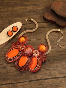 Exaggerated Multi-Layer Handmade Aluminum Wire Woven Resin Chain Bohemian European And American Middle Eastern European Korean Version Evening Party Holiday Women's Fashion Beautiful Retro Teardrop Necklace Earrings - Orange - View 2
