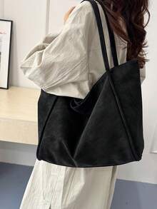1 件纯色复古简约时尚手提包，大容量腋下多功能通勤包 - 黑色 - 查看 5