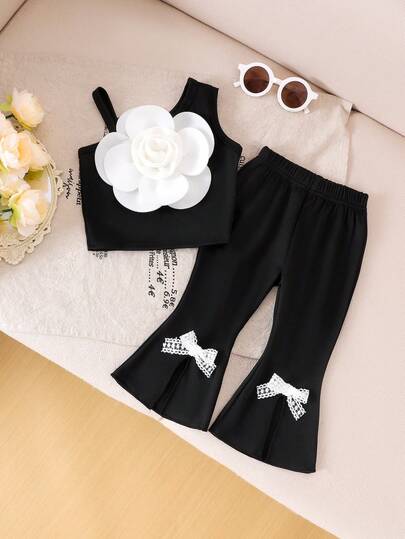 2件套女婴优雅吊带黑色背心+裤子套装，春夏款