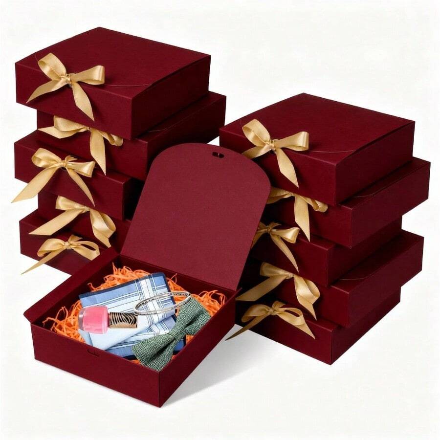 10pack Gift Es Wit Li 6.5''x6.5''x2'' Red Gift Es  Presen Pr Es Wit Ribbon  Birtday Wedding Party Cocte Dy - 紅色 - 查看 1