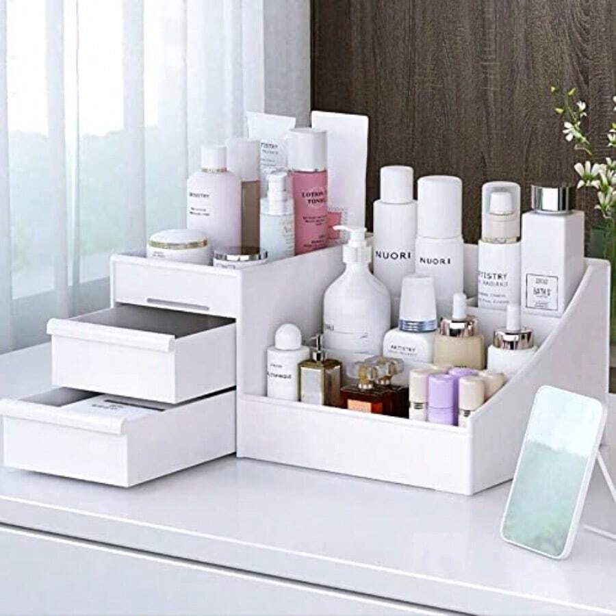 Makeup Desk Organizer With Drawers Countertop Organizer For Cosmetics Vanity Holder For Lipstick Brushes Lotions Eyeshadow Nail Polish And Jewelry White-Valentine's Day Gift-Valentines Gift - 淺灰紫 - 查看 1