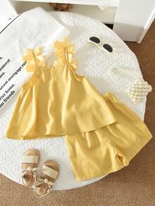 Summer Young Girl Floral Embellished Camisole Top And Shorts Set - Yellow - View 2