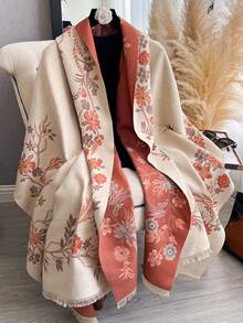 1pc Elegant Floral & Plant Pattern Jacquard Faux Cashmere Warm Scarf/Wrap, Versatile For Women In Autumn/Winter, Suitable For Daily Matching And Decoration - Beige Orange - View 6