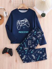 2pcs/Set Boys Summer Game Console Graphic Round Neck Short Sleeve T-Shirt And Loose Pants Loungewear Set, Suitable For Indoor Home Wear - Royal Blue - View 2