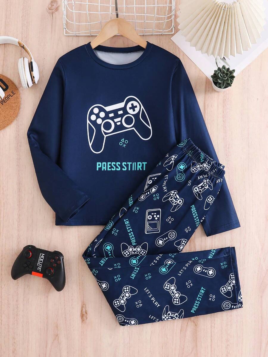 2pcs/Set Boys Summer Game Console Graphic Round Neck Short Sleeve T-Shirt And Loose Pants Loungewear Set, Suitable For Indoor Home Wear - Royal Blue - View 1