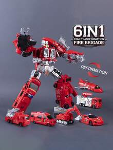 1Set 6-In-1 Alloy Fire & Engineering Transforming Team For Kids Aged 6+ - /Fire/Excavator/Spray Truck Combined Rescue Robot, Realistic Collectible Premium Gift Box Toy For Boys - Cool Transforming Toy - View 11