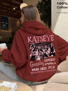 Women's Cotton Top With KATSEYE Girl Group Print, Basic Loose-Fitting Hoodie, Soft And Breathable Long-Sleeved Top With Drop Shoulders, Perfect For Spring And Autumn. - màu đỏ gỉ - Xem 4