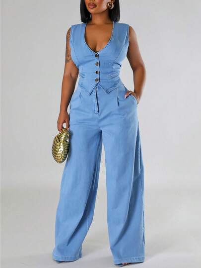 Women's Light Blue Denim Two-Piece Set - Deep V Sleeveless Waistcoat & Wide-Leg Pants With Button Detail | Chic Modern Style For Daily Commute, Casual Outings & Fashion Dates (Denim Comfortable & Figure-Flattering Silhouette) For Effortlessly Stylish
